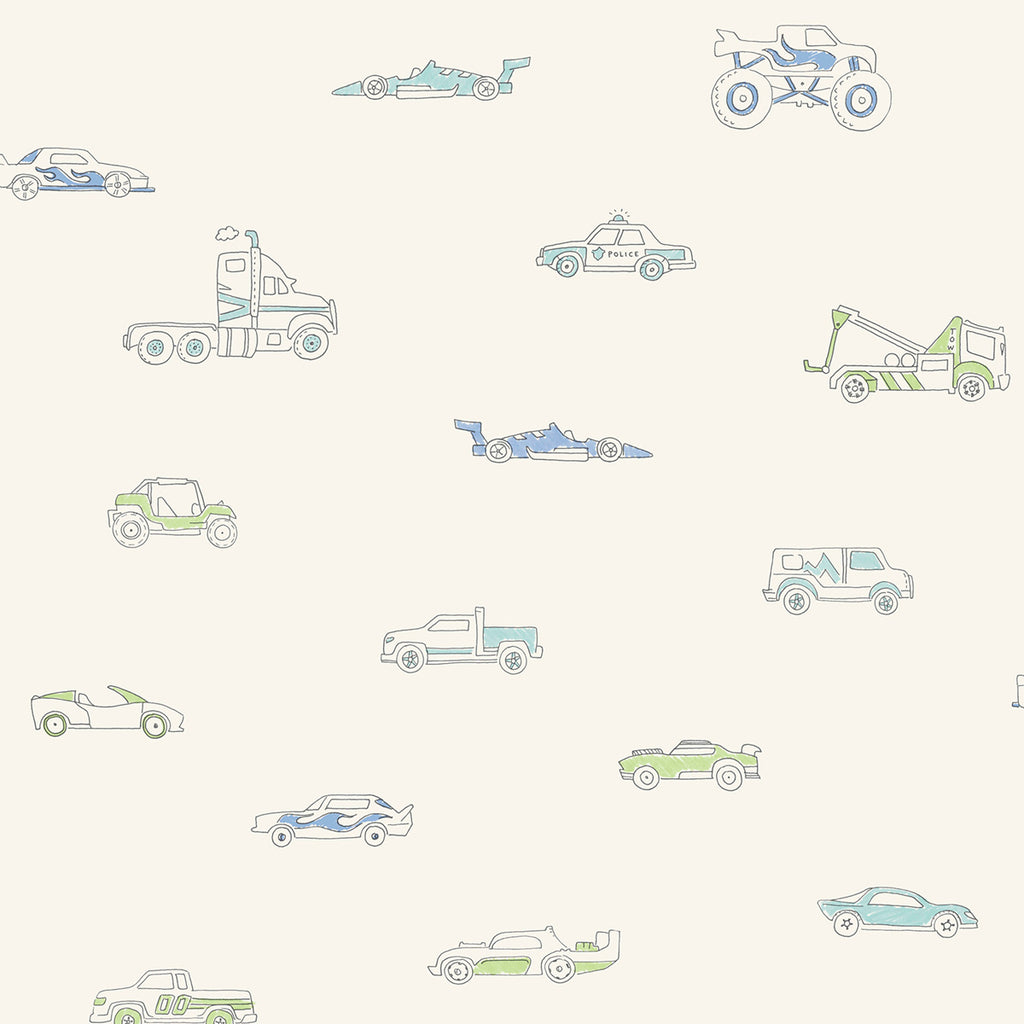 Malibu Traffic Jam Wallpaper - Kids/Nursery Illustration - Blue and Green | Malibu Wallpaper