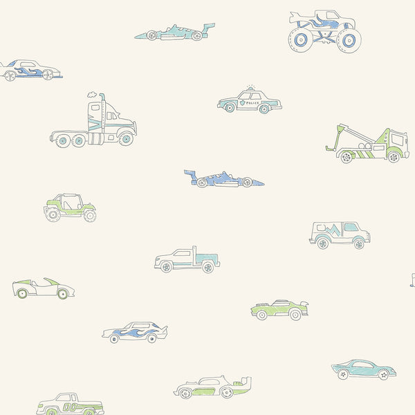 Malibu Traffic Jam Wallpaper - Kids/Nursery Illustration - Blue and Green | Malibu Wallpaper