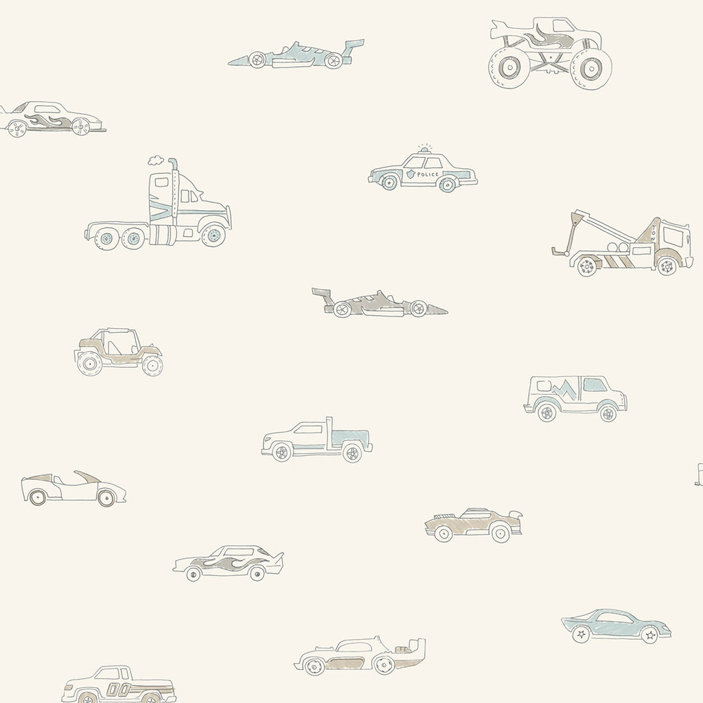 Malibu Traffic Jam Wallpaper - Kids/Nursery Illustration - Blue and Gray | Malibu Wallpaper