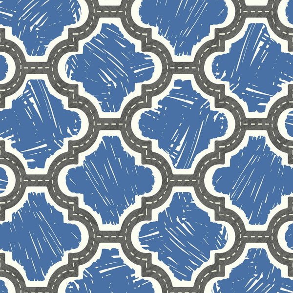Malibu Racetrack Ogee Wallpaper - Kids/Nursery Ogee - Charcoal and Royal Blue | Malibu Wallpaper