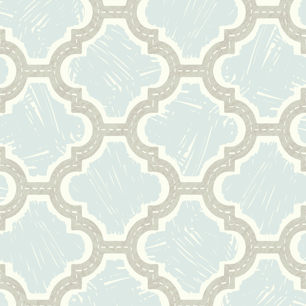 Malibu Racetrack Ogee Wallpaper - Kids/Nursery Ogee - Gray and Powder Blue | Malibu Wallpaper