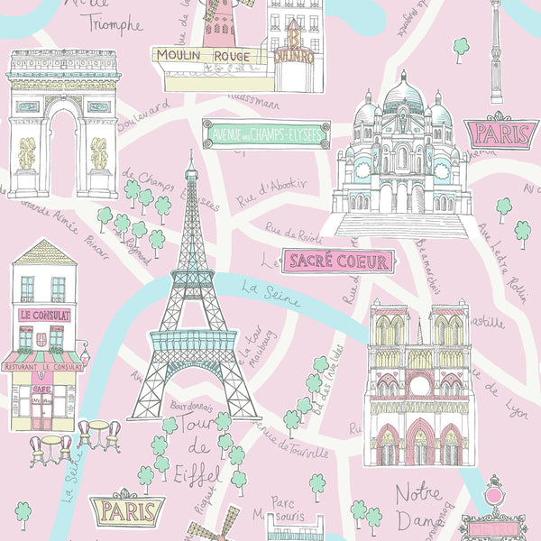 Malibu Bon Voyage Wallpaper - Kids/Nursery Illustration - Bubblegum and Turquoise | Malibu Wallpaper