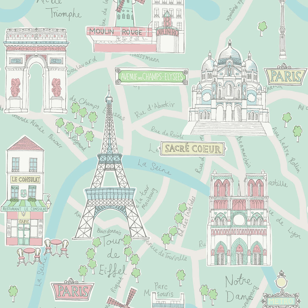 Malibu Bon Voyage Wallpaper - Kids/Nursery Illustration - Teal and Periwinkle | Malibu Wallpaper