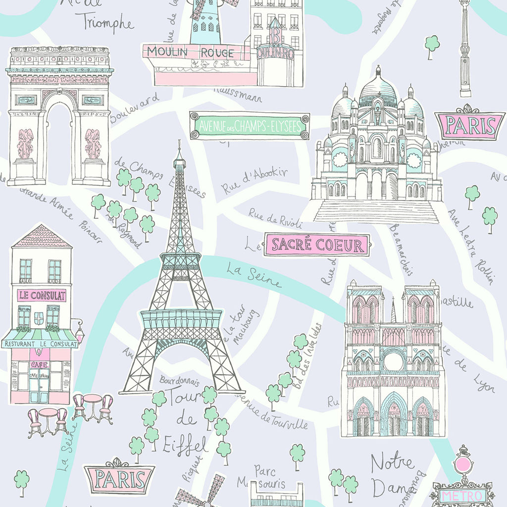 Malibu Bon Voyage Wallpaper - Kids/Nursery Illustration - Lilac and Turquoise | Malibu Wallpaper