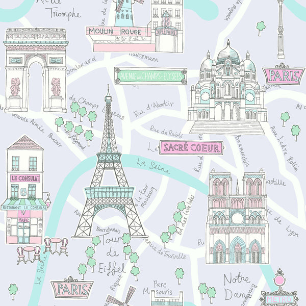Malibu Bon Voyage Wallpaper - Kids/Nursery Illustration - Lilac and Turquoise | Malibu Wallpaper