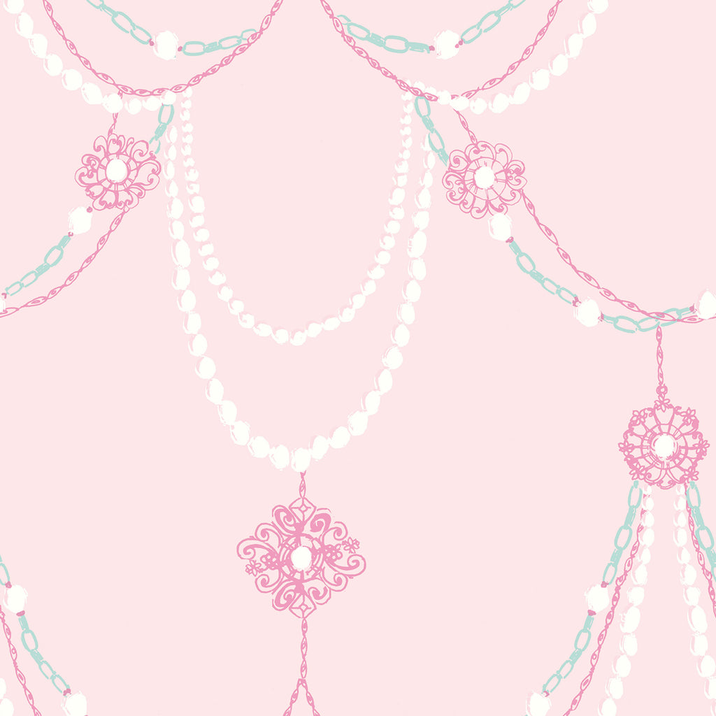 Malibu Dressed Up Drape Wallpaper - Kids/Nursery Illustration - Blush and Teal | Malibu Wallpaper