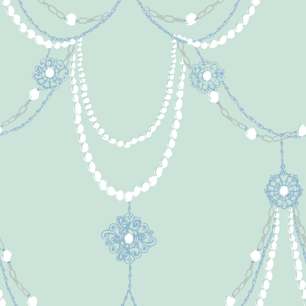 Malibu Dressed Up Drape Wallpaper - Kids/Nursery Illustration - Teal and Periwinkle | Malibu Wallpaper