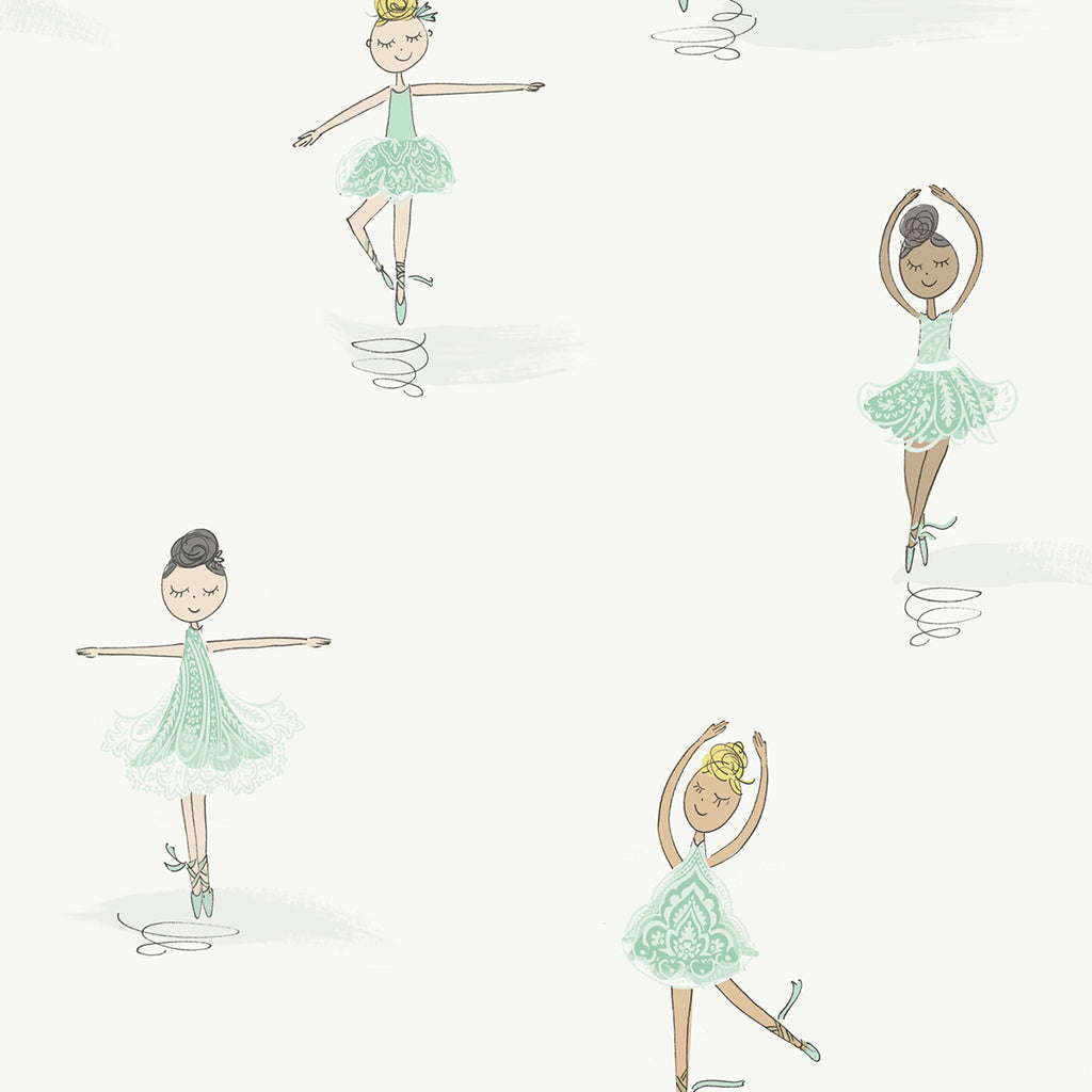 Malibu Tiny Dancers Wallpaper - Kids/Nursery Illustration - Teal and White | Malibu Wallpaper