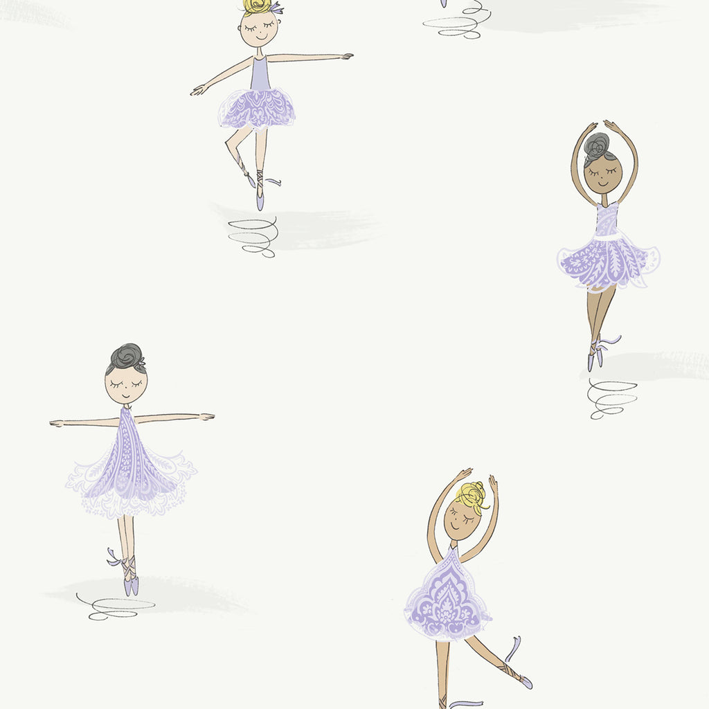 Malibu Tiny Dancers Wallpaper - Kids/Nursery Illustration - Lilac and White | Malibu Wallpaper