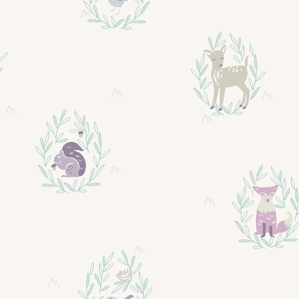 Malibu Furry Friends Wallpaper - Kids/Nursery Animal Print - Blue, Gray, and Purple | Malibu Wallpaper