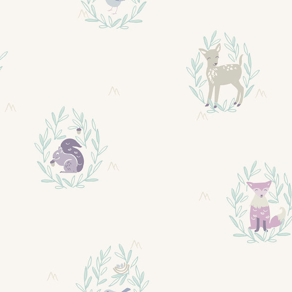 Malibu Furry Friends Wallpaper - Kids/Nursery Animal Print - Blue, Gray, and Purple | Malibu Wallpaper
