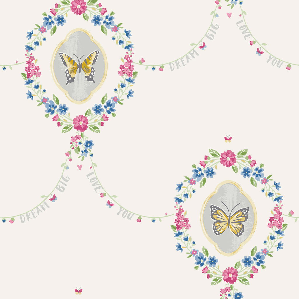 Malibu Flutter Butterfly Wallpaper - Kids/Nursery Damask - Gold, Glitter White, and Metallic Silver | Malibu Wallpaper