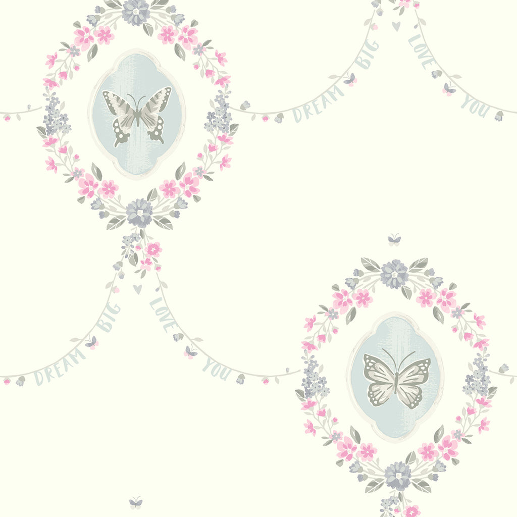 Malibu Flutter Butterfly Wallpaper - Kids/Nursery Damask - Pink and Metallic Silver | Malibu Wallpaper
