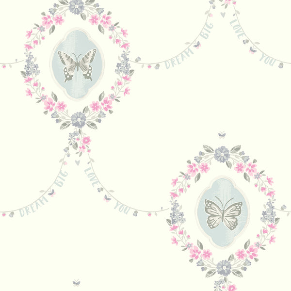 Malibu Flutter Butterfly Wallpaper - Kids/Nursery Damask - Pink and Metallic Silver | Malibu Wallpaper