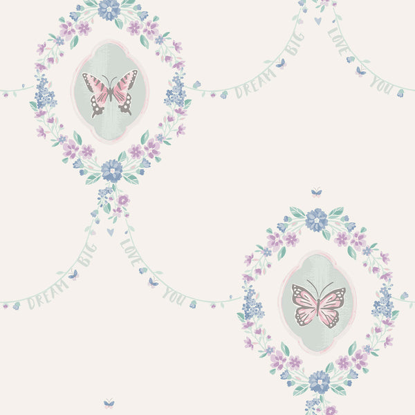 Flutter Butterfly Kids/Nursery Damask - Pink, Teal, and Metallic Silver | Architectural Wallcoverings