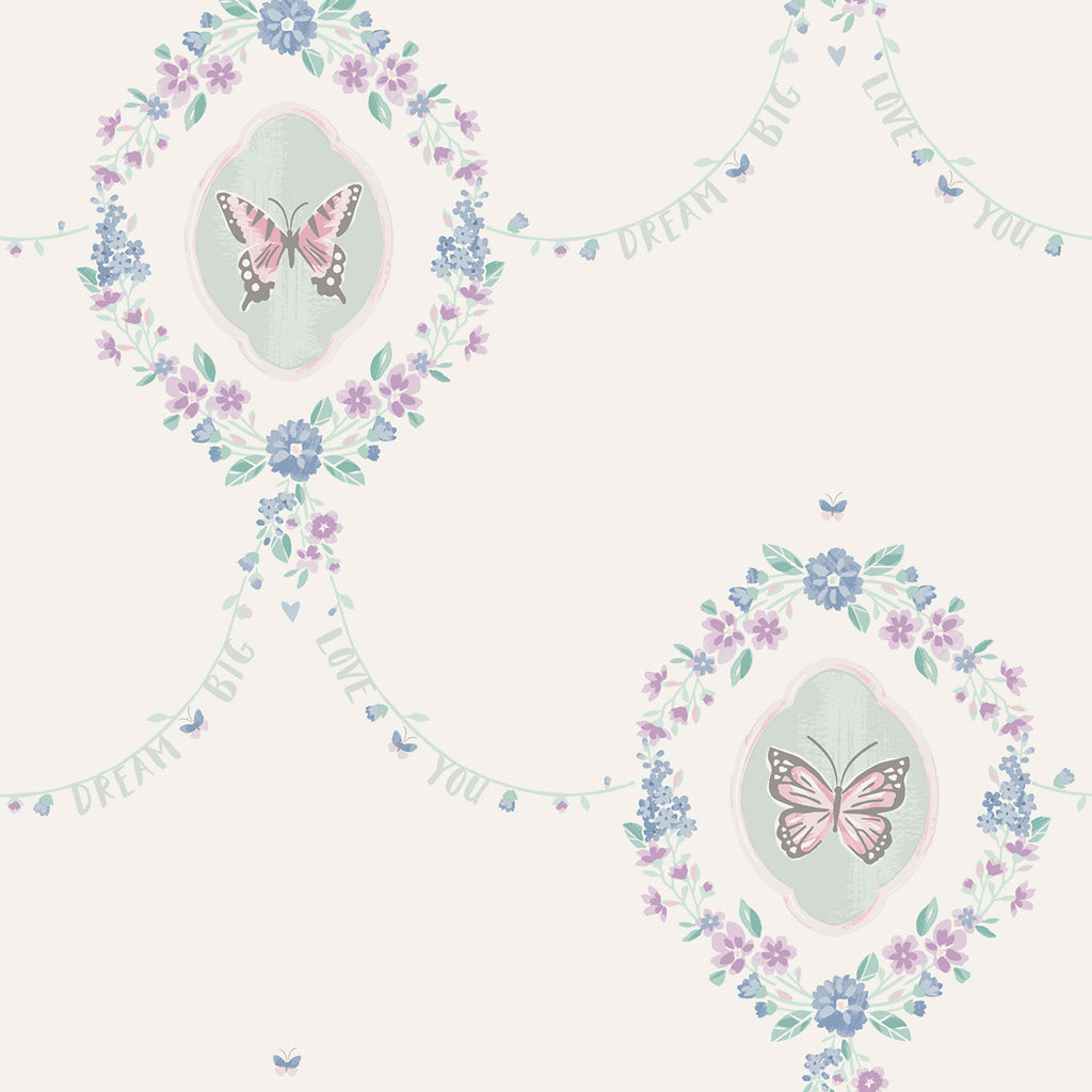 Malibu Flutter Butterfly Wallpaper - Kids/Nursery Damask - Pink, Teal, and Metallic Silver | Malibu Wallpaper