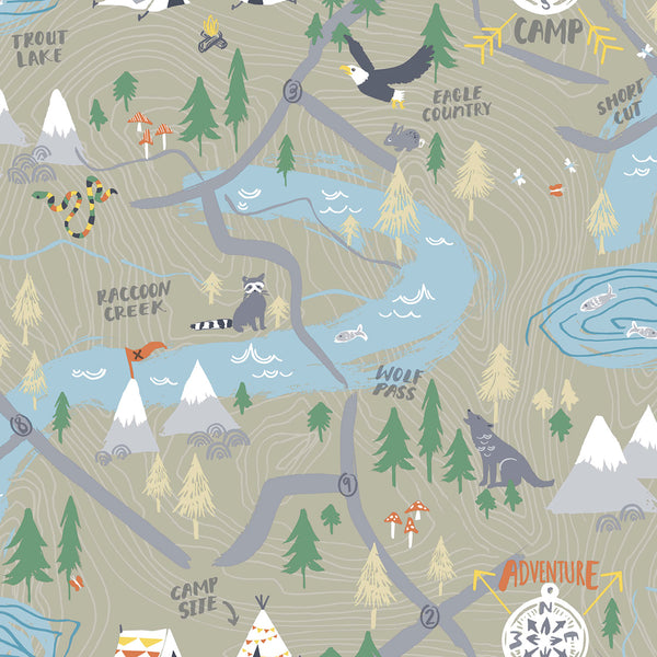 Malibu Campground Wallpaper - Kids/Nursery Illustration - Taupe | Malibu Wallpaper