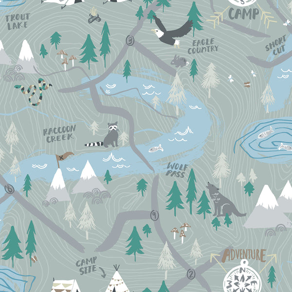 Malibu Campground Wallpaper - Kids/Nursery Illustration - Steel Gray | Malibu Wallpaper