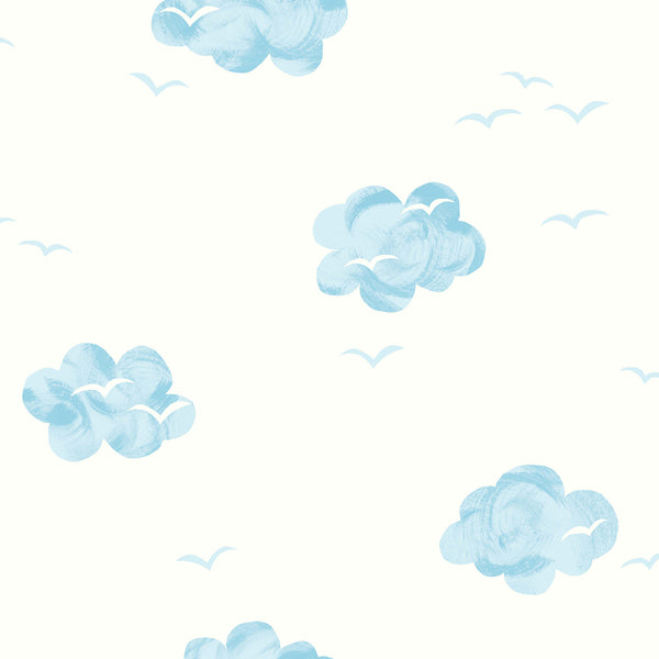 Malibu Daydream Wallpaper - Kids/Nursery Illustration - White and Sky Blue | Malibu Wallpaper