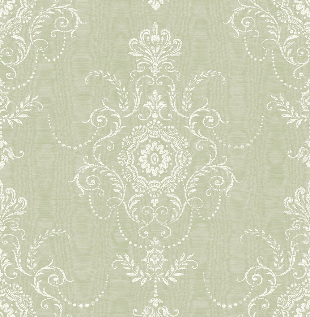 Malibu Colette Cameo Wallpaper - Country Damask - Washed Green