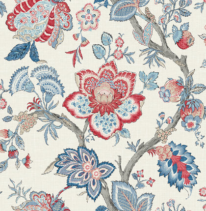 Bernadette Jacobean Country Floral - French Blue & Antique Ruby | Architectural Wallcoverings