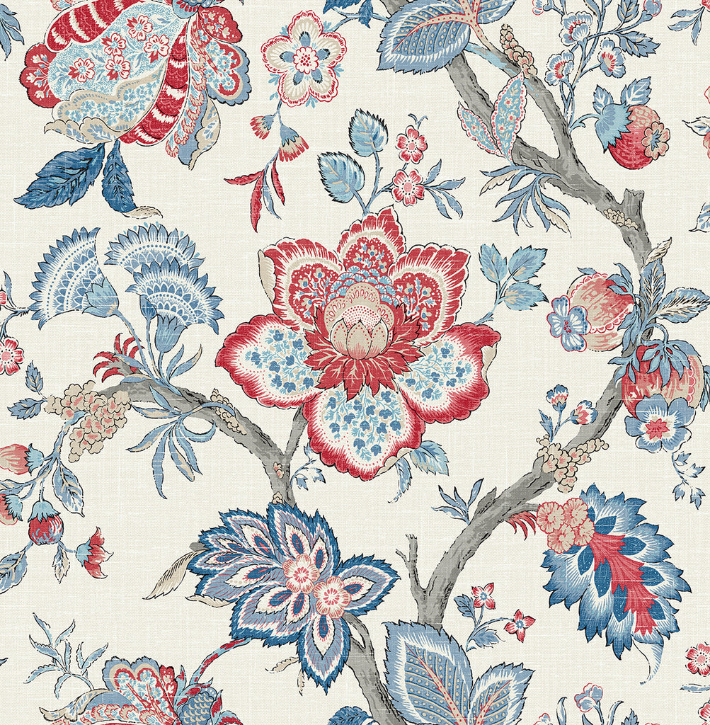 Malibu Bernadette Jacobean Wallpaper - Country Floral - French Blue & Antique Ruby