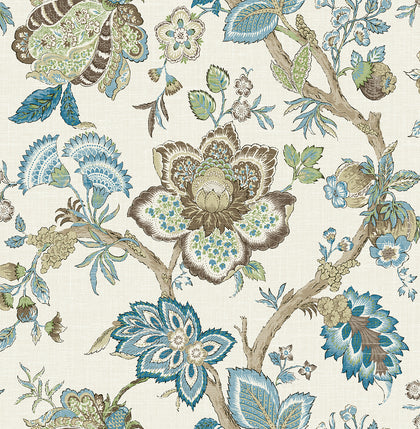 Bernadette Jacobean Country Floral - Hickory Smoke & Blue Bell | Architectural Wallcoverings