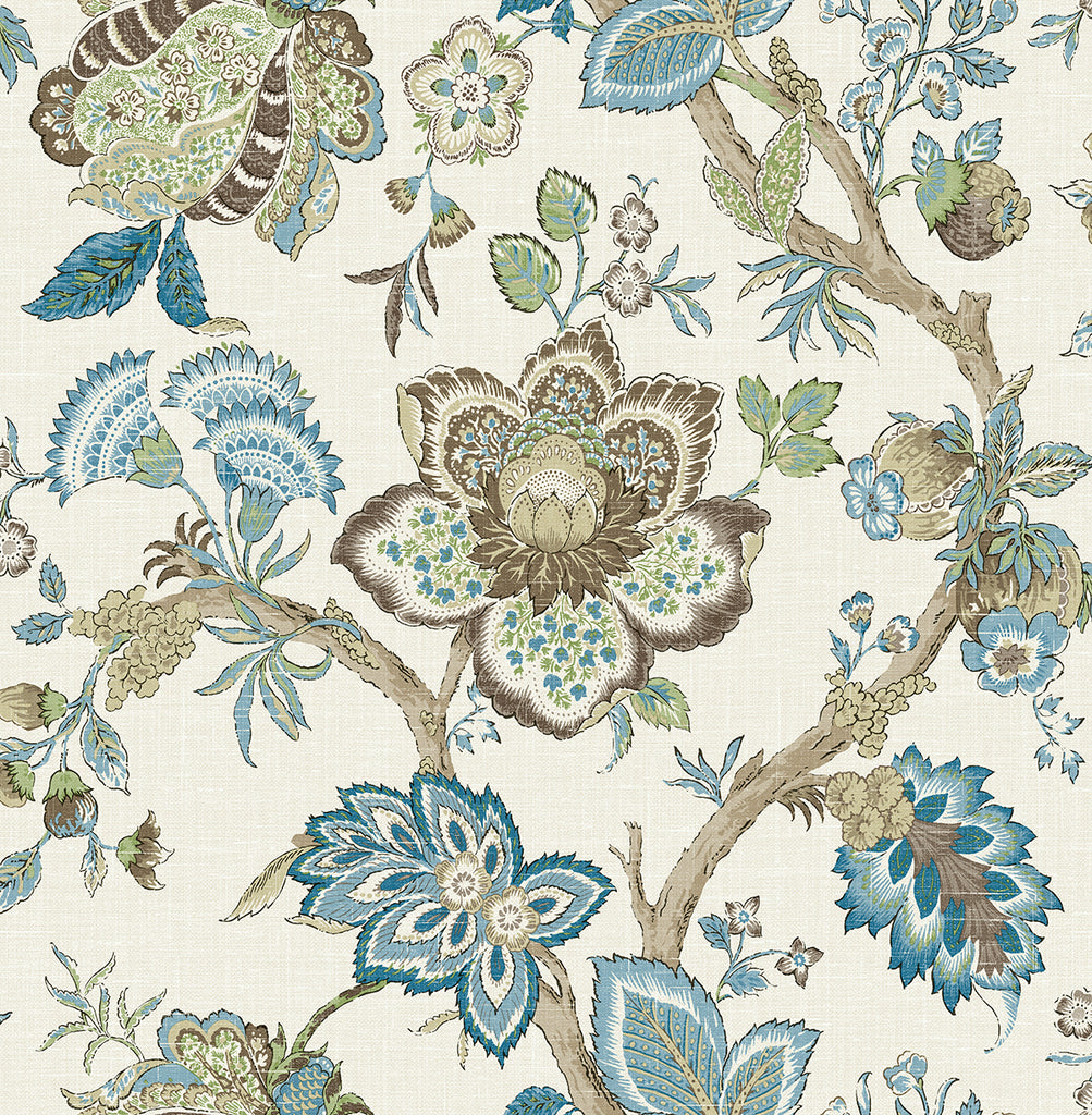 Malibu Bernadette Jacobean Wallpaper - Country Floral - Hickory Smoke & Blue Bell