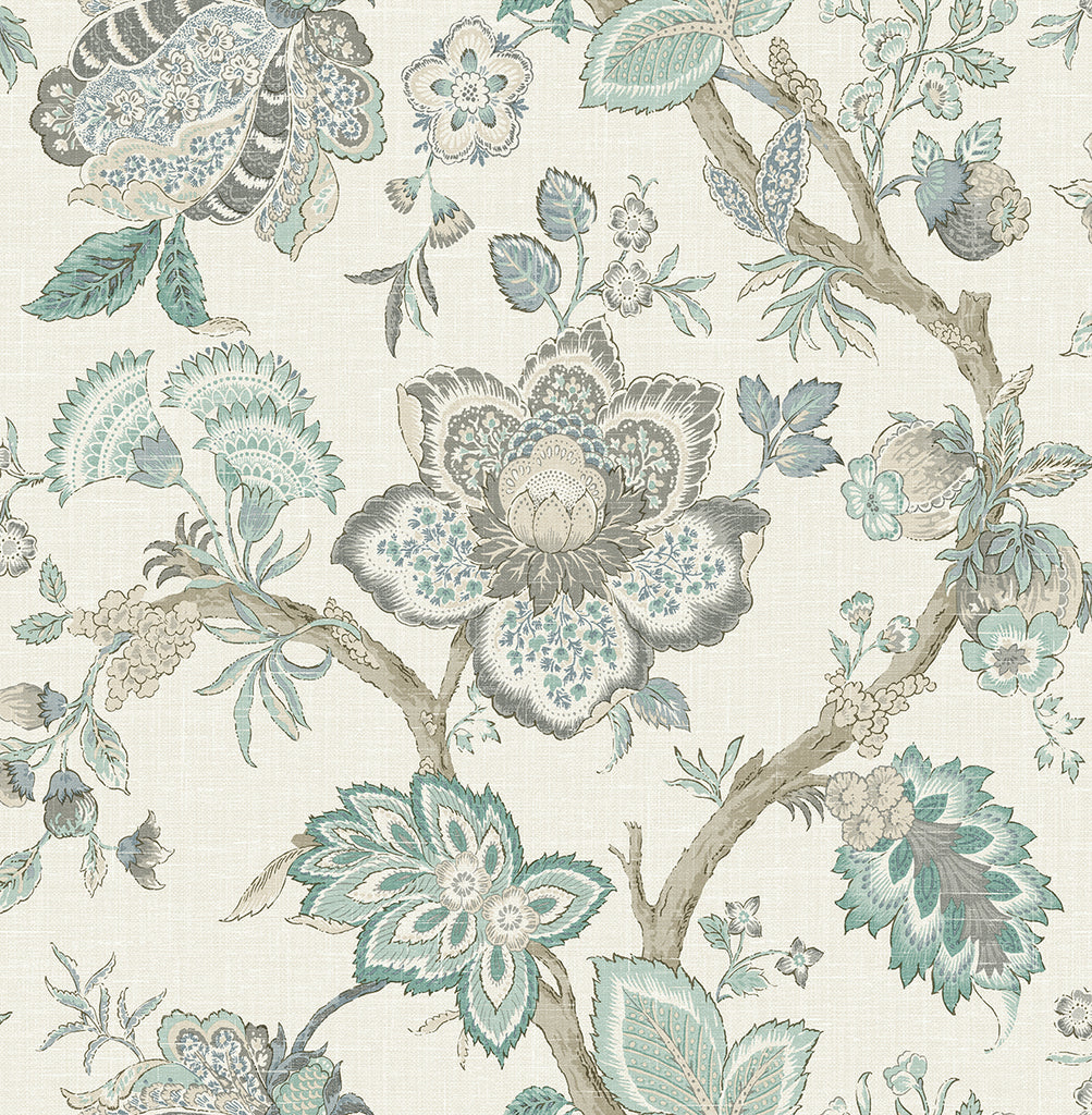 Malibu Bernadette Jacobean Wallpaper - Country Floral - Summer Sky & French Blue