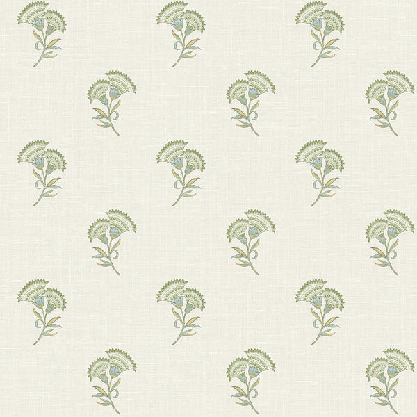 Malibu Lotus Branch Floral Wallpaper - Country Floral - Washed Green & Herb