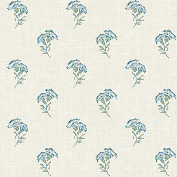 Malibu Lotus Branch Floral Wallpaper - Country Floral - Blue Bell & Herb