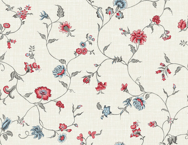 Malibu Florale Trail Wallpaper - Country Floral - Antique Ruby & French Blue