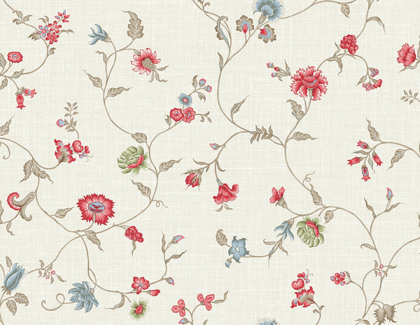 Malibu Florale Trail Wallpaper - Country Floral - Cranberry & Blue Bell