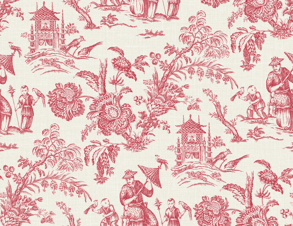 Malibu Colette Chinoiserie Wallpaper - Country Toile - Antique Ruby