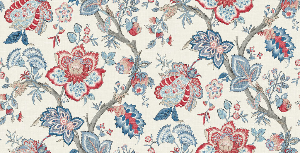 Fentucci Bernadette Linen Fabric - Country Floral - French Blue & Antique Ruby