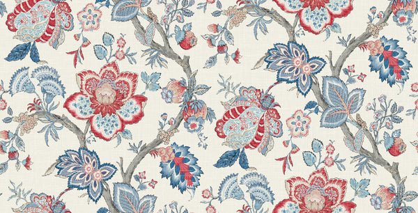 Fentucci Bernadette Linen Fabric - Country Floral - French Blue & Antique Ruby