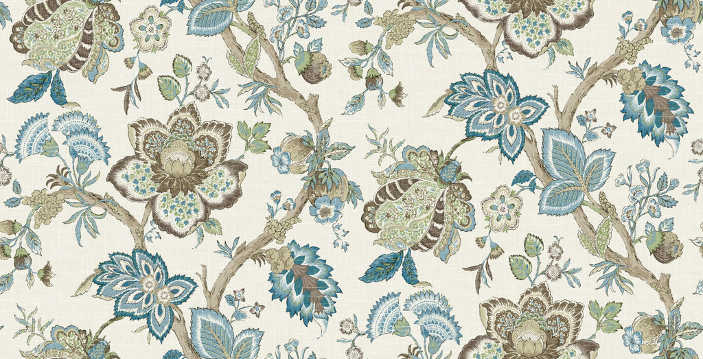 Fentucci Bernadette Linen Fabric - Country Floral - Hickory Smoke & Blue Bell