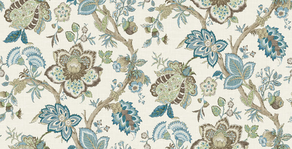 Fentucci Bernadette Linen Fabric - Country Floral - Hickory Smoke & Blue Bell