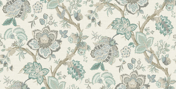 Fentucci Bernadette Linen Fabric  - Country Floral - Summer Sky & French Blue