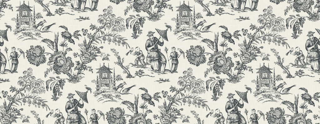 Fentucci Chinoiserie Linen Fabric - Country Toile - Poppy Seed