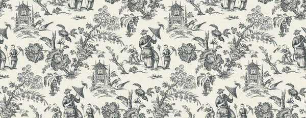 Fentucci Chinoiserie Linen Fabric - Country Toile - Poppy Seed