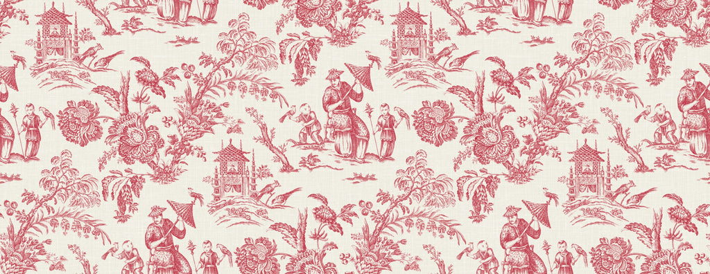Fentucci Chinoiserie Linen Fabric - Country Toile - Antique Ruby