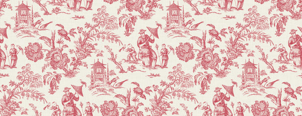 Fentucci Chinoiserie Linen Fabric - Country Toile - Antique Ruby