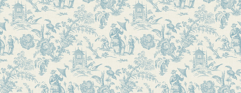 Fentucci Chinoiserie Linen Fabric - Country Toile - Bleu Bisque