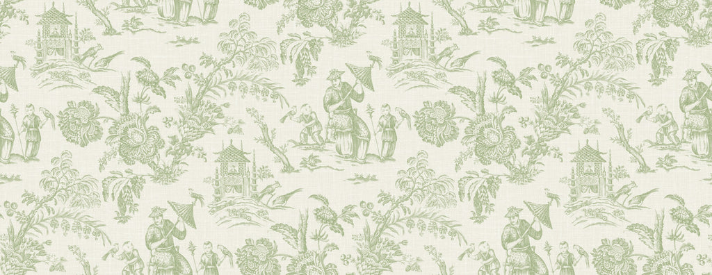 Fentucci Chinoiserie Linen Fabric - Country Toile - Herb
