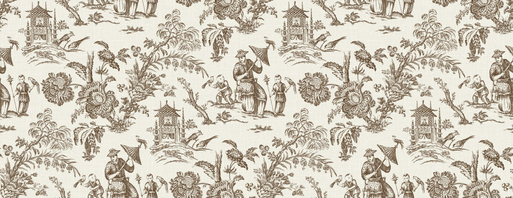 Fentucci Chinoiserie Linen Fabric - Country Toile - Hickory Smoke
