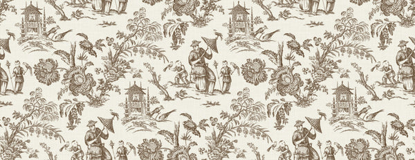 Fentucci Chinoiserie Linen Fabric - Country Toile - Hickory Smoke