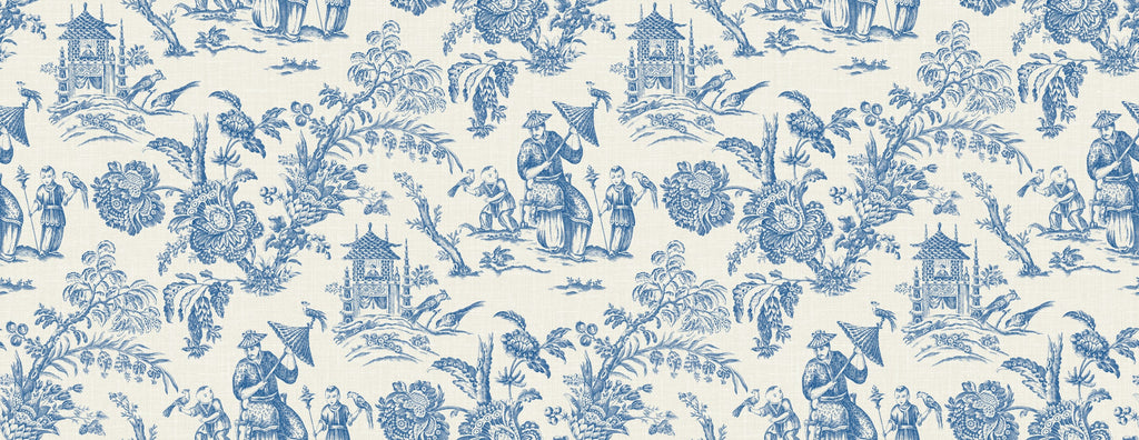 Fentucci Chinoiserie Linen Fabric - Country Toile - Denim Wash
