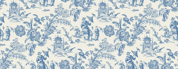 Fentucci Chinoiserie Linen Fabric - Country Toile - Denim Wash