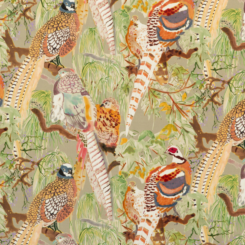 Samples and Purchasing available for Game Birds Velvet - Stone/Multi Multi By Mulberry | Bohemian Romance |  Multipurpose Print at Designer Wallcoverings and Fabrics